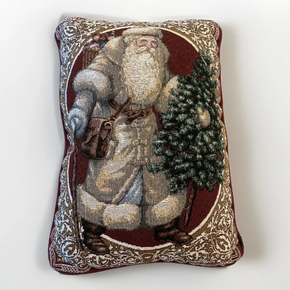 Vintage Christmas Tapestry Throw Pillow St Nicholas Santa Home Decor 15 X 11